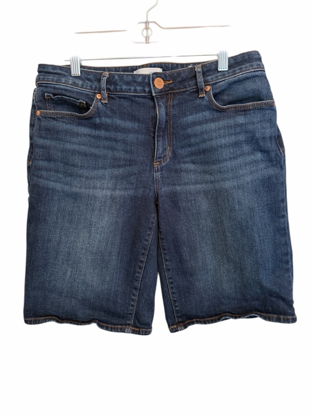 LOFT Dark Blue Denim Shorts with Brown Stitching Detail. Size 8 /29